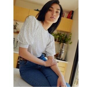 Nation LTD Rimma exaggerated puff sleeve pima cotton tee white speckled dotty S